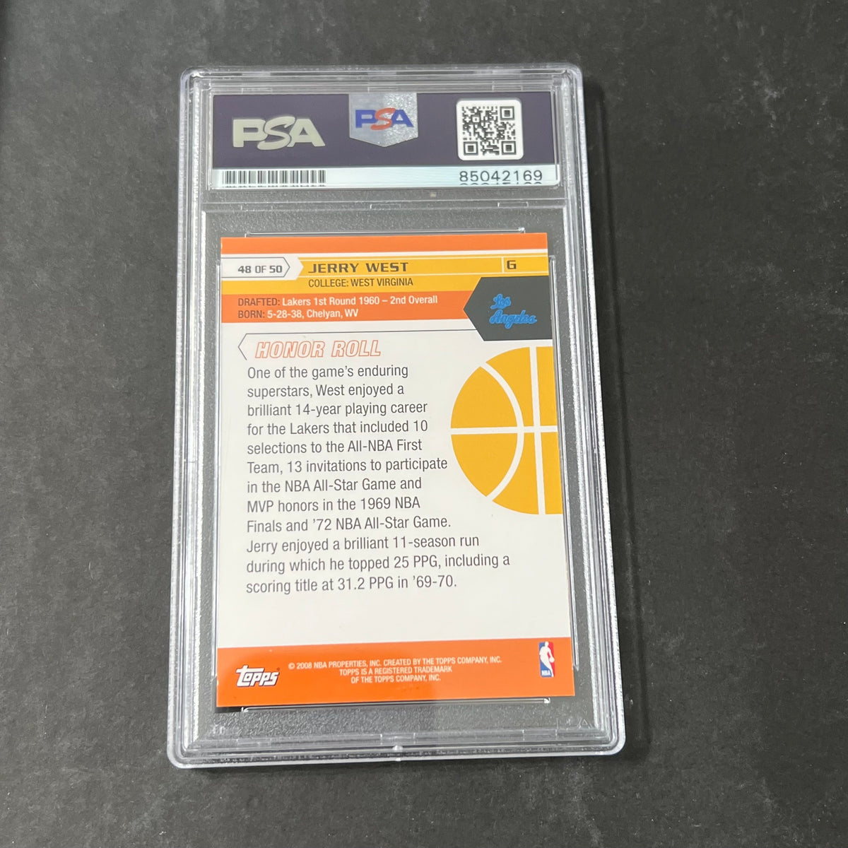 Back of Jerry West Topps #48 card in PSA/DNA holder