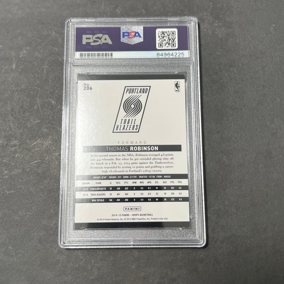 Back of Thomas Robinson 2014-15 Hoops #206 card in PSA/DNA holder