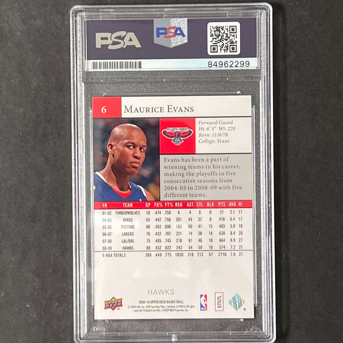 Back of Maurice Evans 2009-10 Upper Deck #6 card in PSA/DNA holder