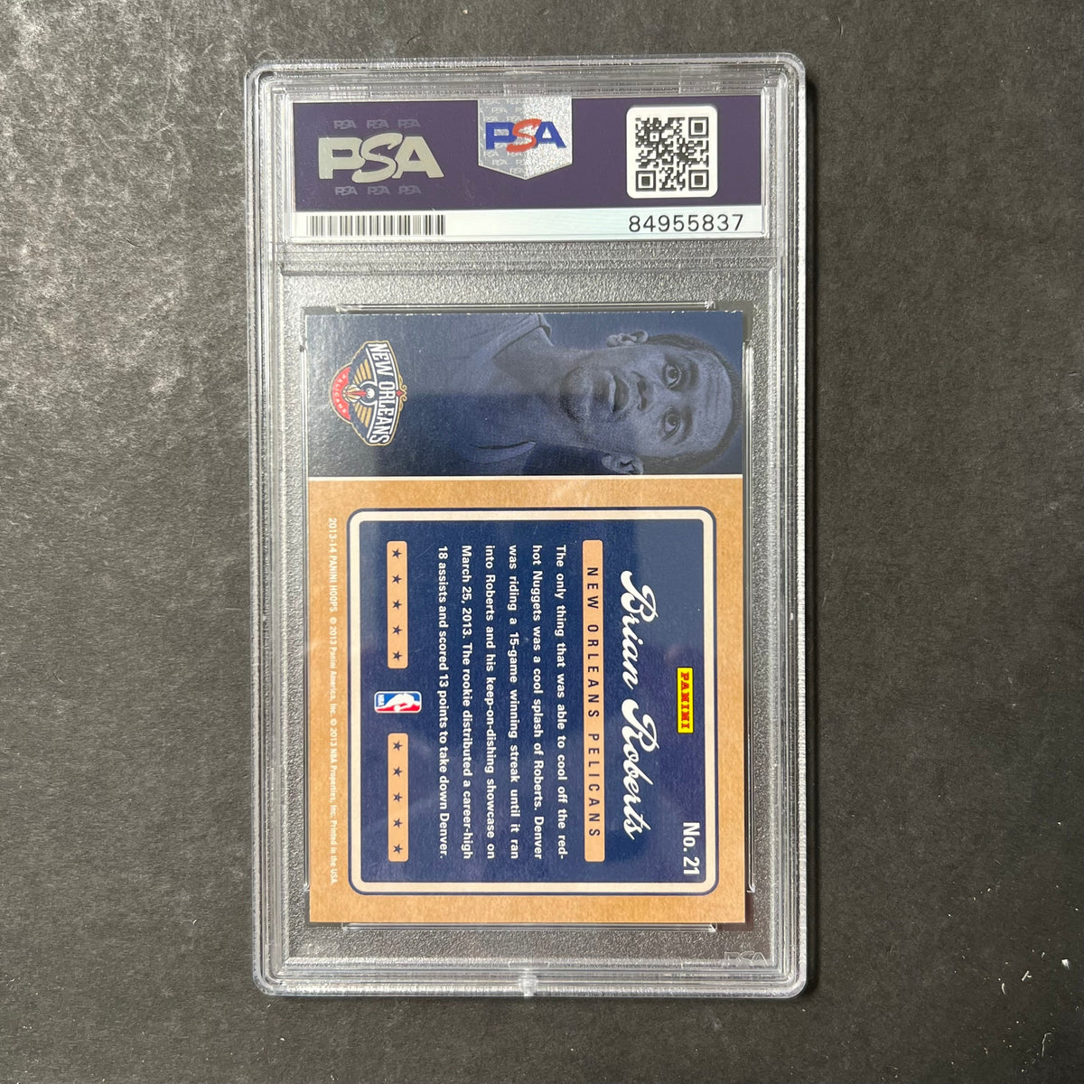 Back of Brian Roberts 2013-14 Hoops Dreams #21 card in PSA/DNA holder
