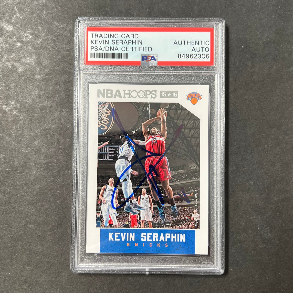 Front of Kevin Seraphin 2015-16 Hoops #132 signed card in PSA/DNA holder