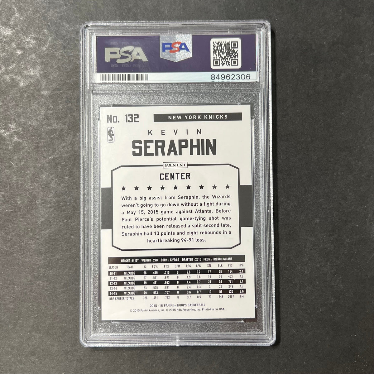 Back of Kevin Seraphin 2015-16 Hoops #132 card in PSA/DNA holder