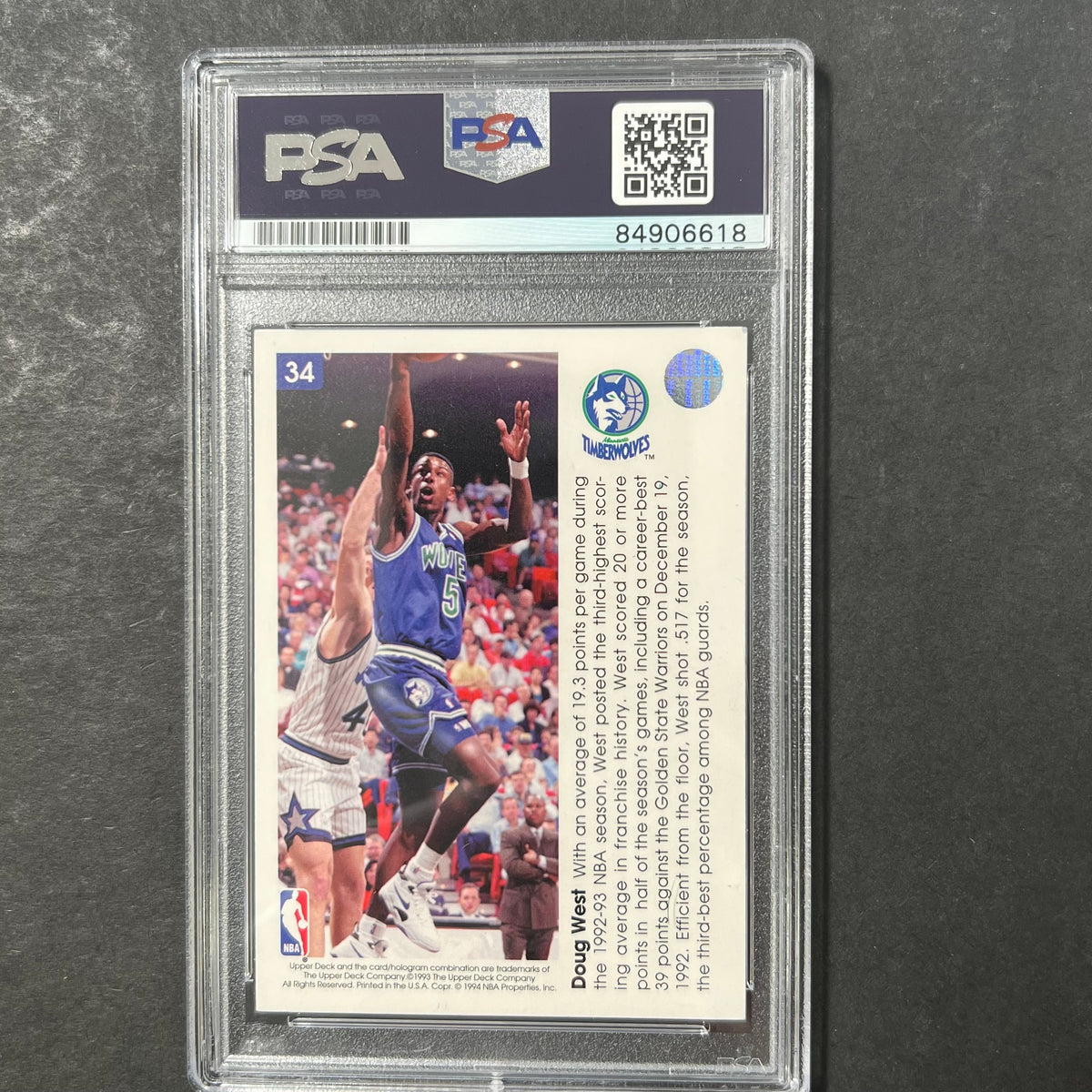 Back of Doug West Upper Deck #34 card in PSA/DNA holder