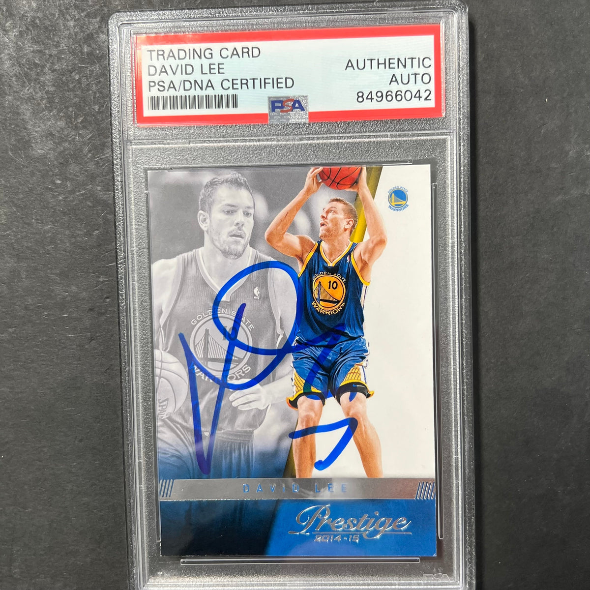 Front of David Lee 2014-15 Prestige #38 signed card in PSA/DNA holder