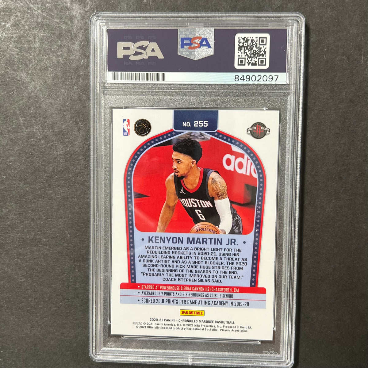 Back of Kenyon Martin Jr. Chronicles Marquee #255 card in PSA/DNA holder