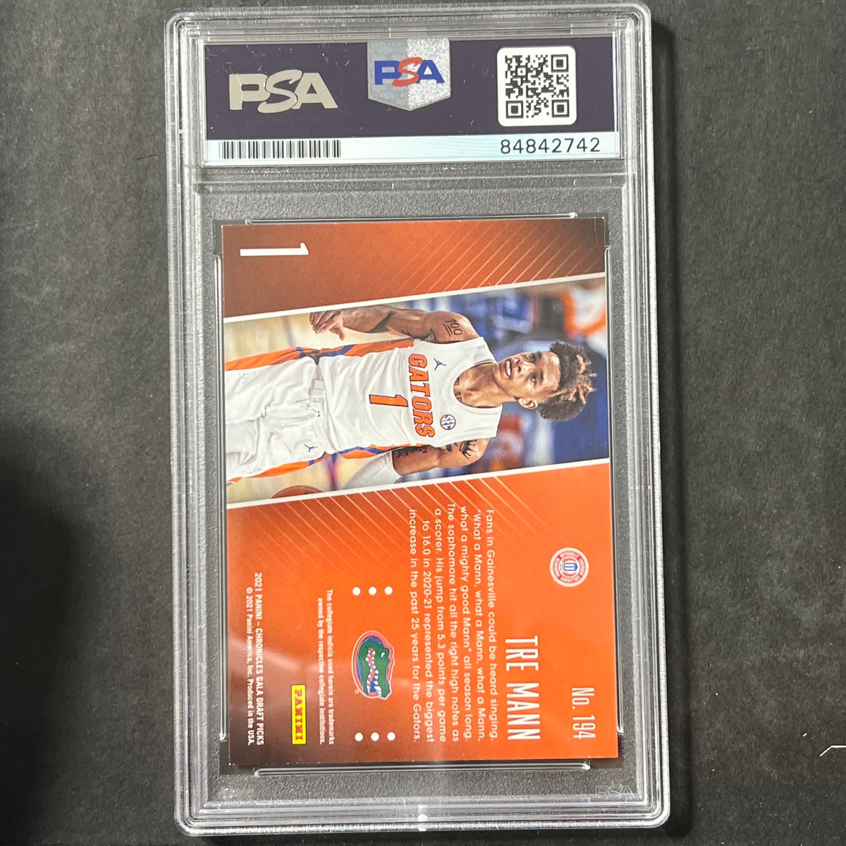 Back of Tre Mann 2021 Chronicles Gala #194 card in PSA/DNA holder