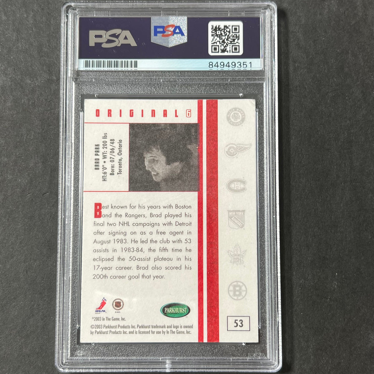 Back of Brad Park 2003-04 Parkhurst Original 6 #53 card in PSA/DNA holder