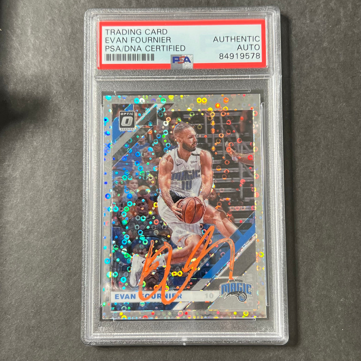 Front of Evan Fournier 2019-20 Optic #15 signed card in PSA/DNA holder