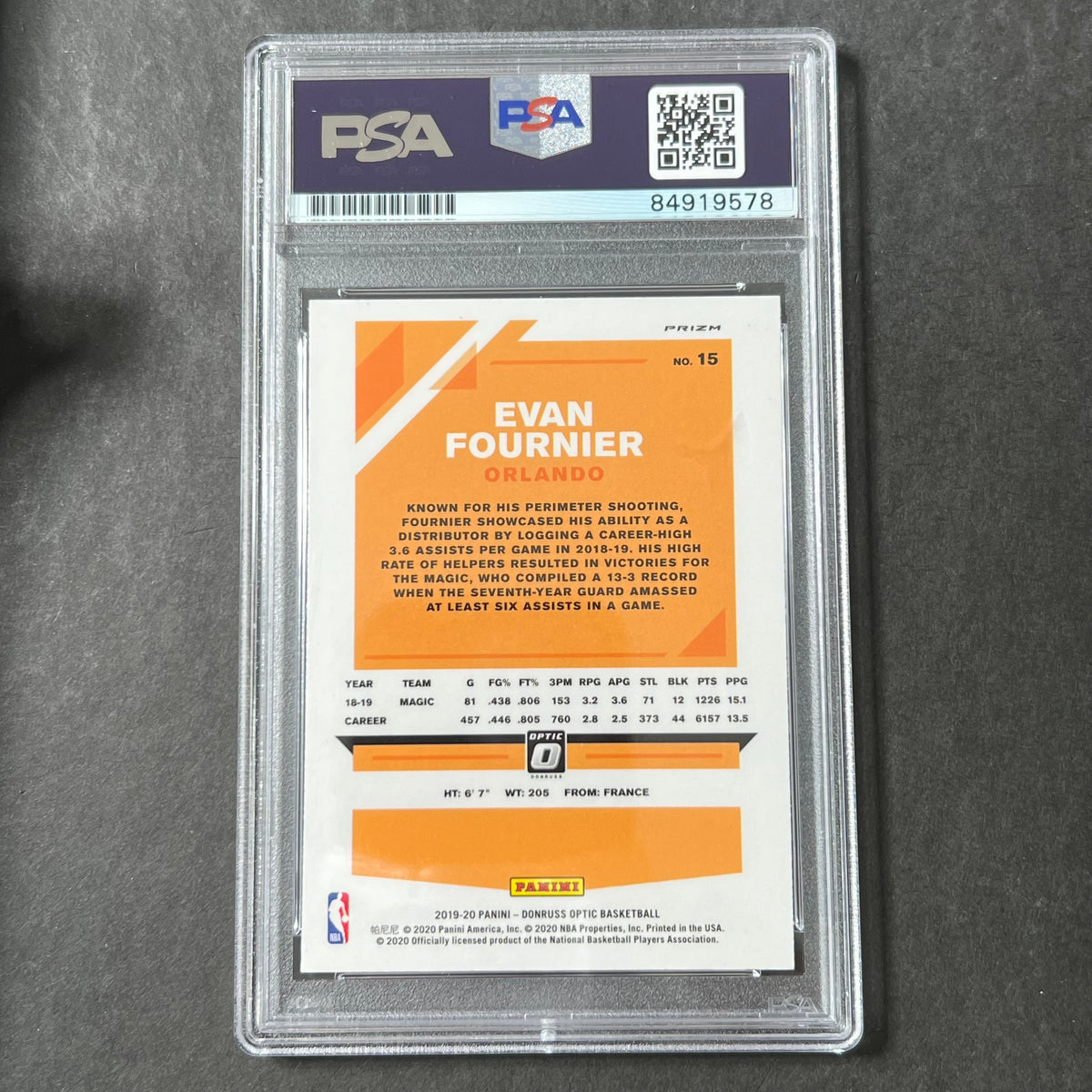 Back of Evan Fournier 2019-20 Optic #15 card in PSA/DNA holder