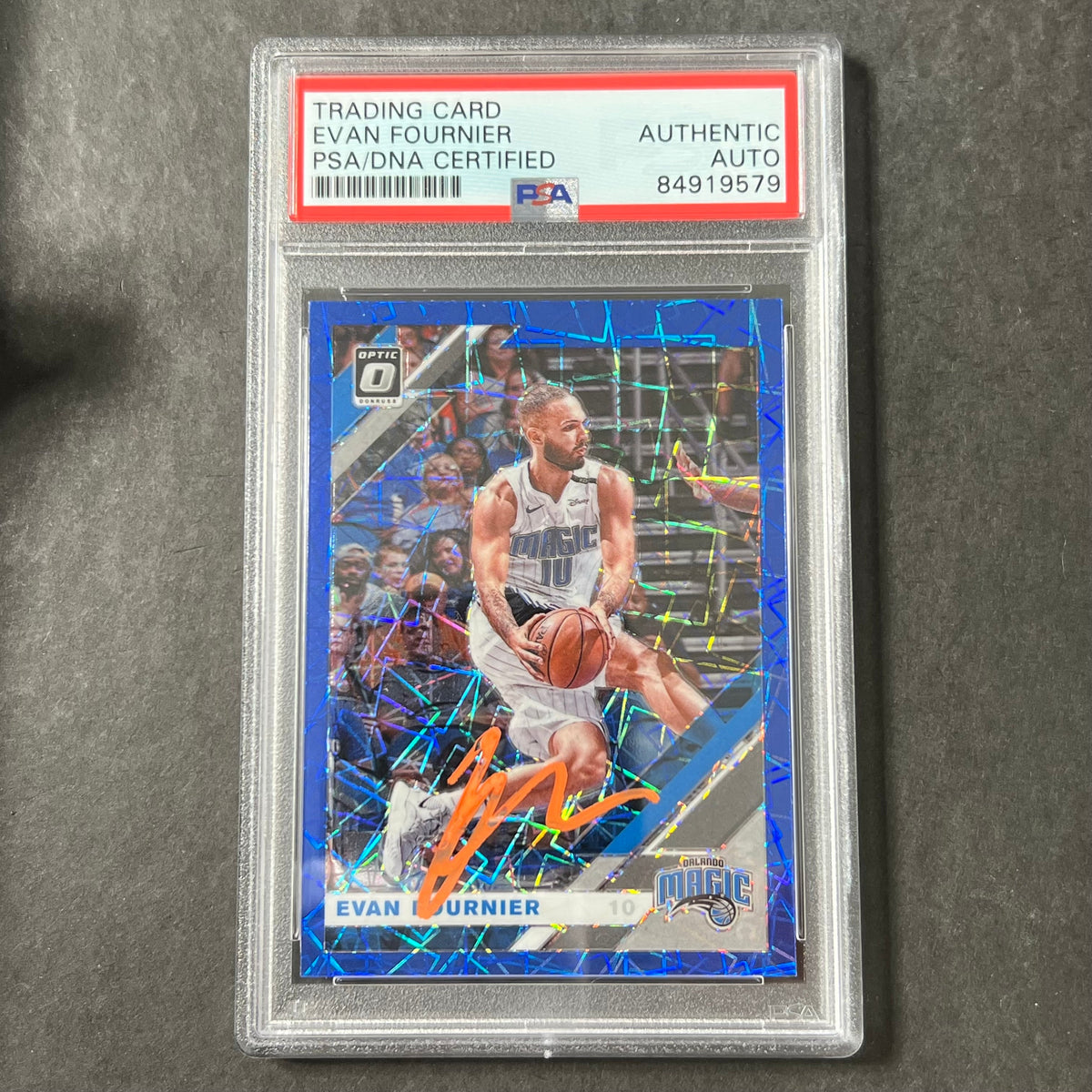 Front of Evan Fournier 2019-20 Optic #15 signed card in PSA/DNA holder