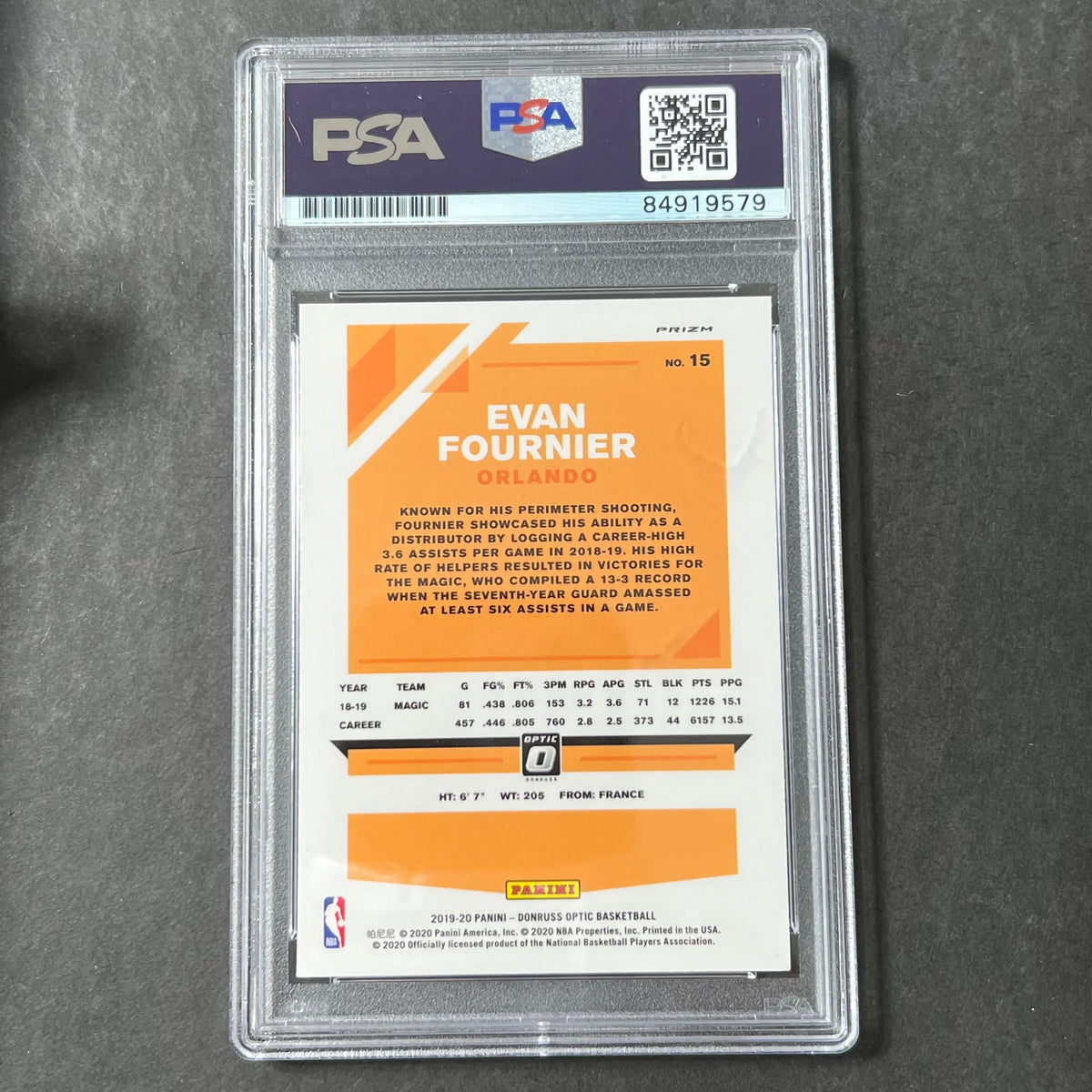 Back of Evan Fournier 2019-20 Optic #15 card in PSA/DNA holder