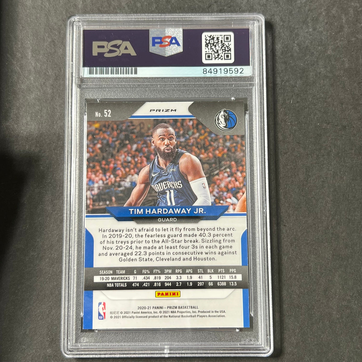 Back of Tim Hardaway Jr 2020-21 Prizm #52 card in PSA/DNA holder