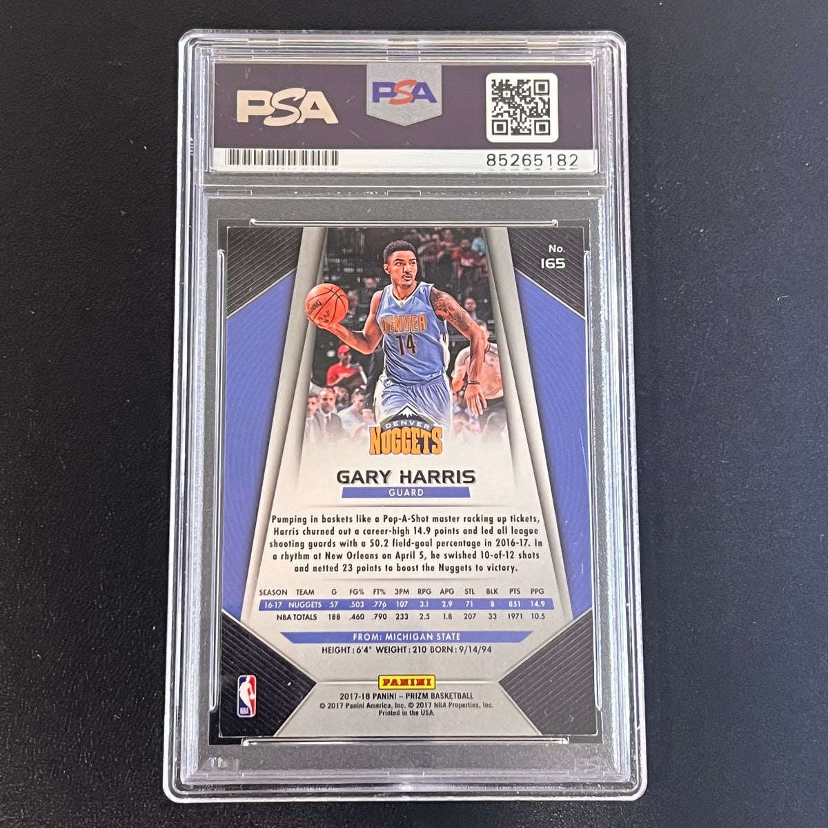 Back of Gary Harris Prizm #165 card in PSA/DNA holder
