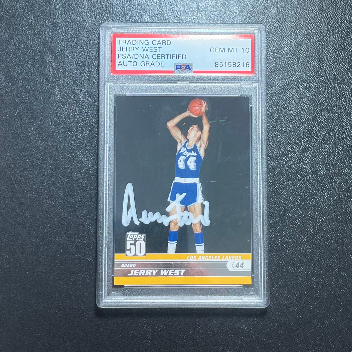 Front of Jerry West Topps #48 signed card in PSA/DNA holder