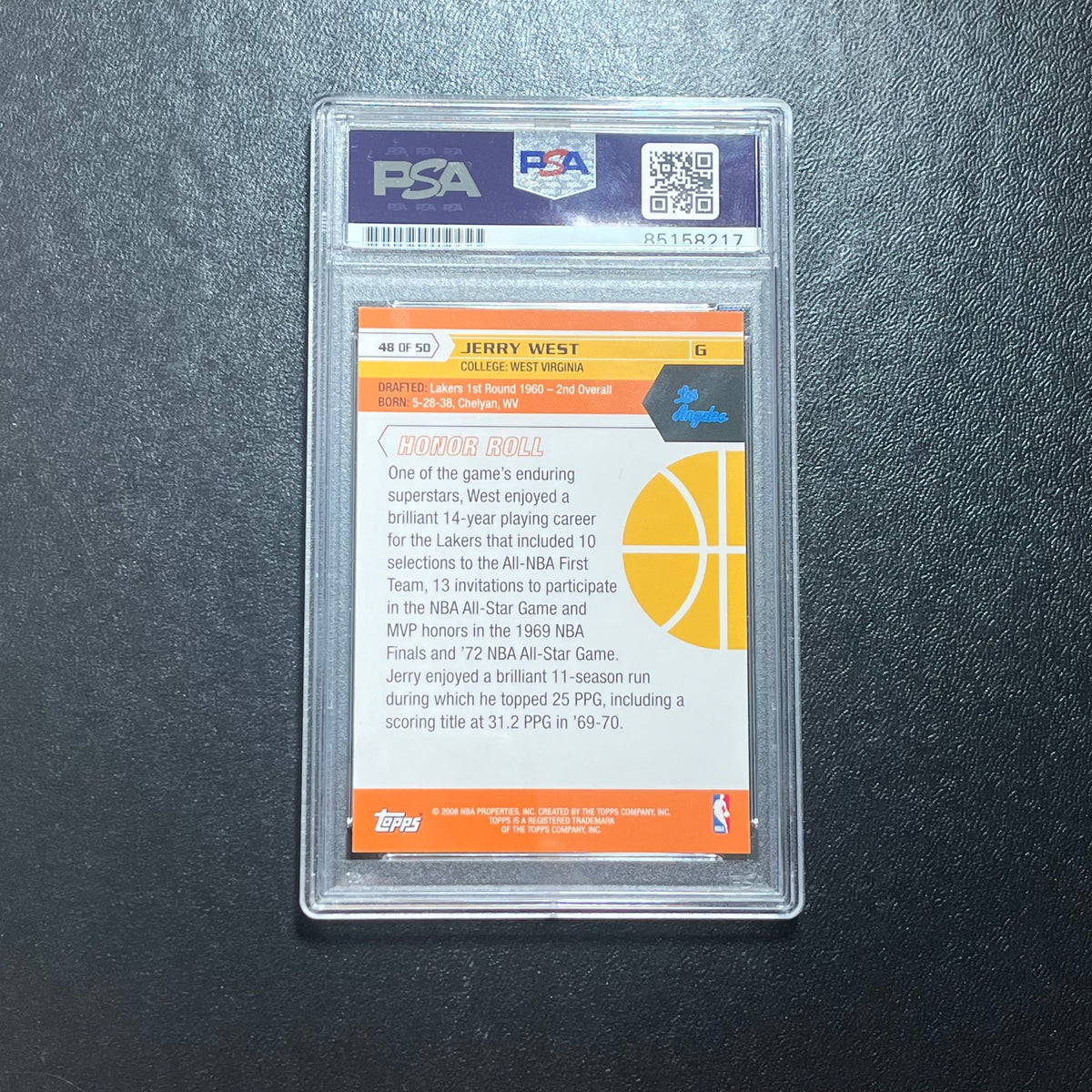 Back of Jerry West Topps #48 card in PSA/DNA holder