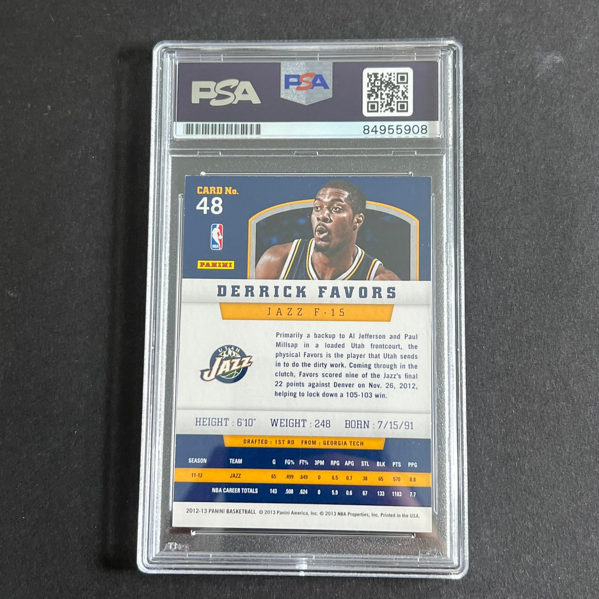Back of Derrick Favors 2012-13 Panini #48 card in PSA/DNA holder