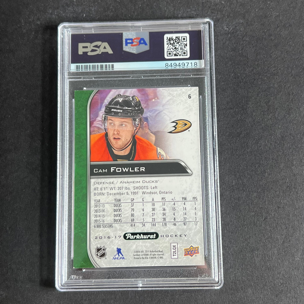 Back of Cam Fowler 2016-17 Parkhurst #6 card in PSA/DNA holder
