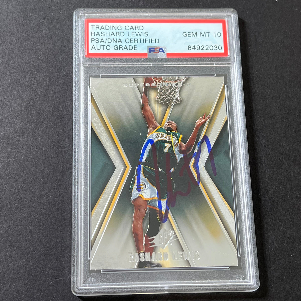 Front of Rashard Lewis 2005-06 SPx #80 signed card in PSA/DNA holder