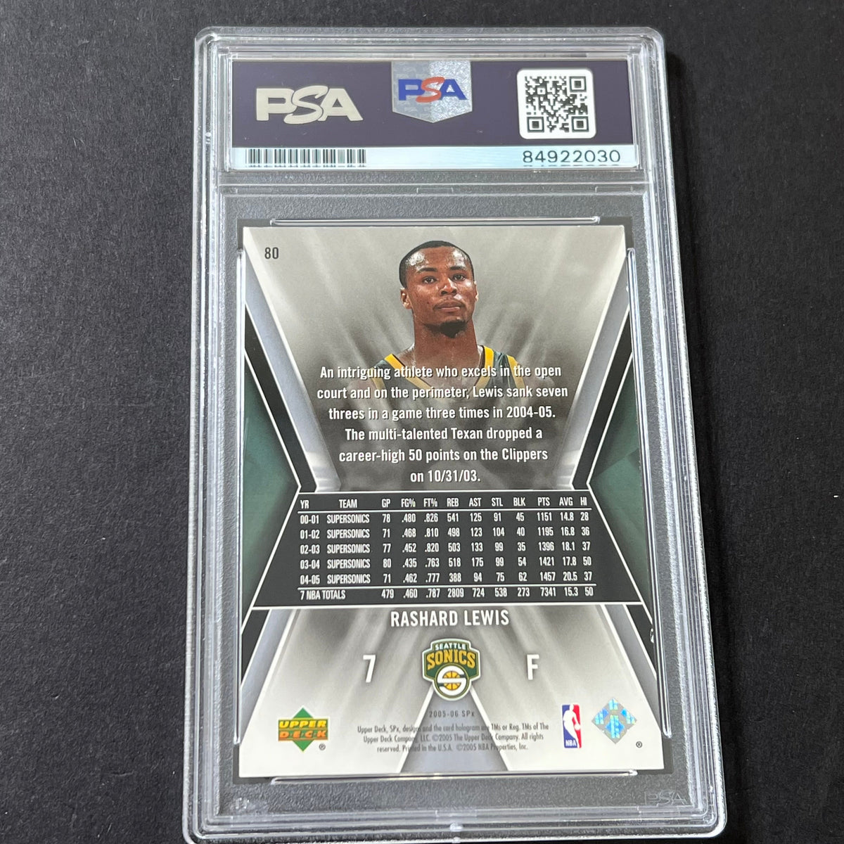 Back of Rashard Lewis 2005-06 SPx #80 card in PSA/DNA holder