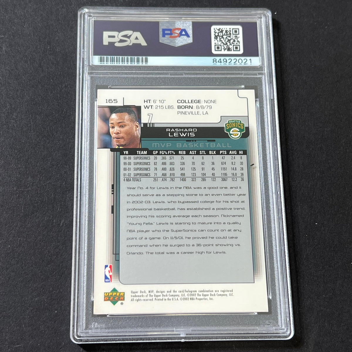 Back of Rashard Lewis 2002-03 MVP #165 card in PSA/DNA holder