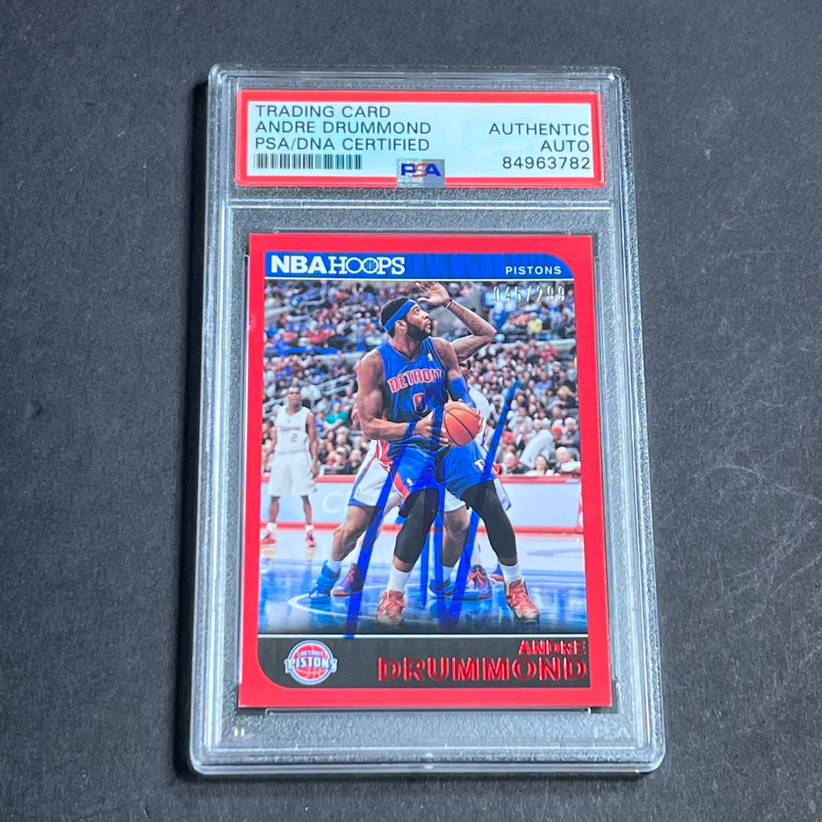 Front of Andre Drummond 2014-15 Hoops #97 signed card in PSA/DNA holder
