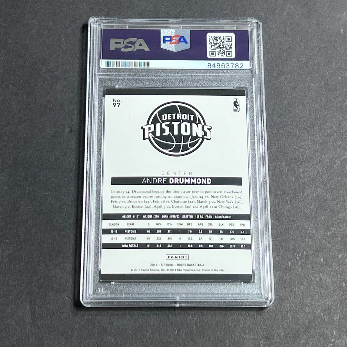 Back of Andre Drummond 2014-15 Hoops #97 card in PSA/DNA holder