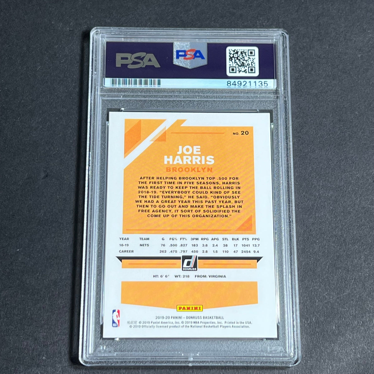 Back of Joe Harris 2019-20 Donruss #20 card in PSA/DNA holder