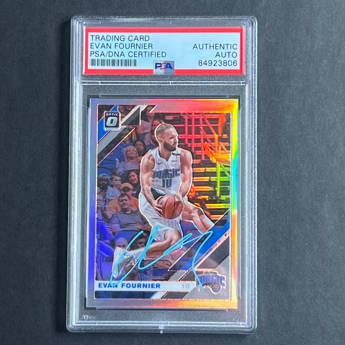 Front of Evan Fournier 2019-20 Optic #15 signed card in PSA/DNA holder