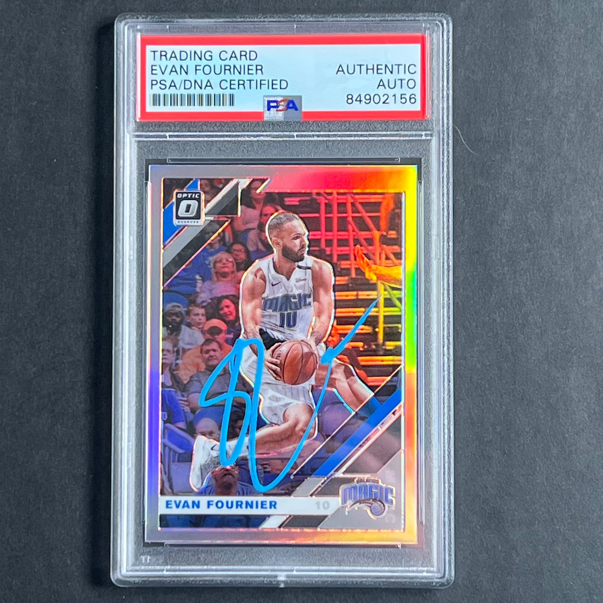 Front of Evan Fournier 2019-20 Optic #15 signed card in PSA/DNA holder