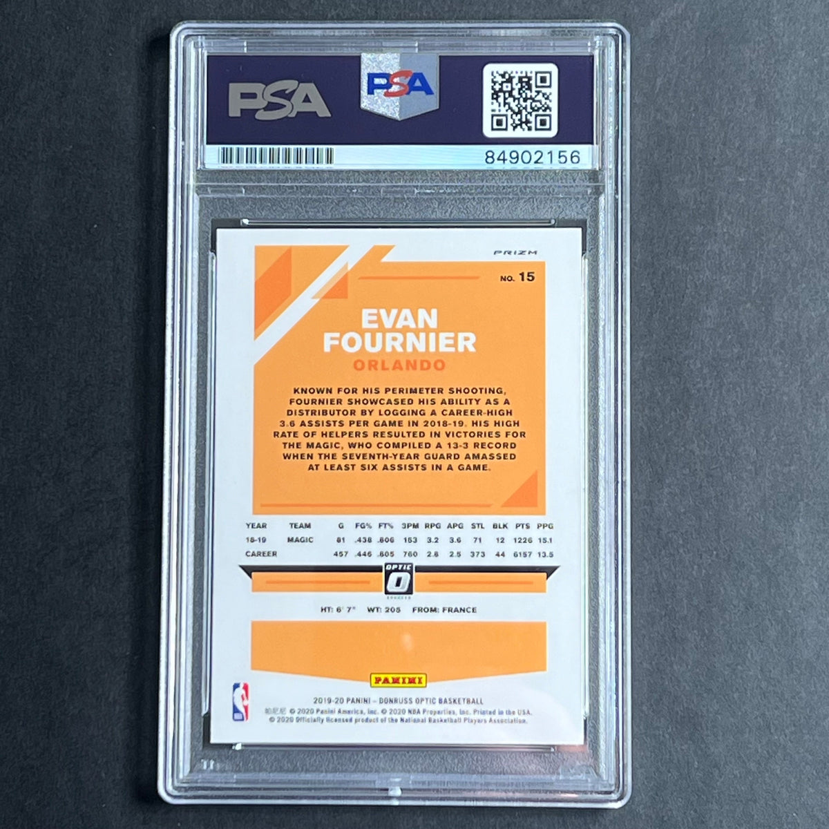 Back of Evan Fournier 2019-20 Optic #15 card in PSA/DNA holder