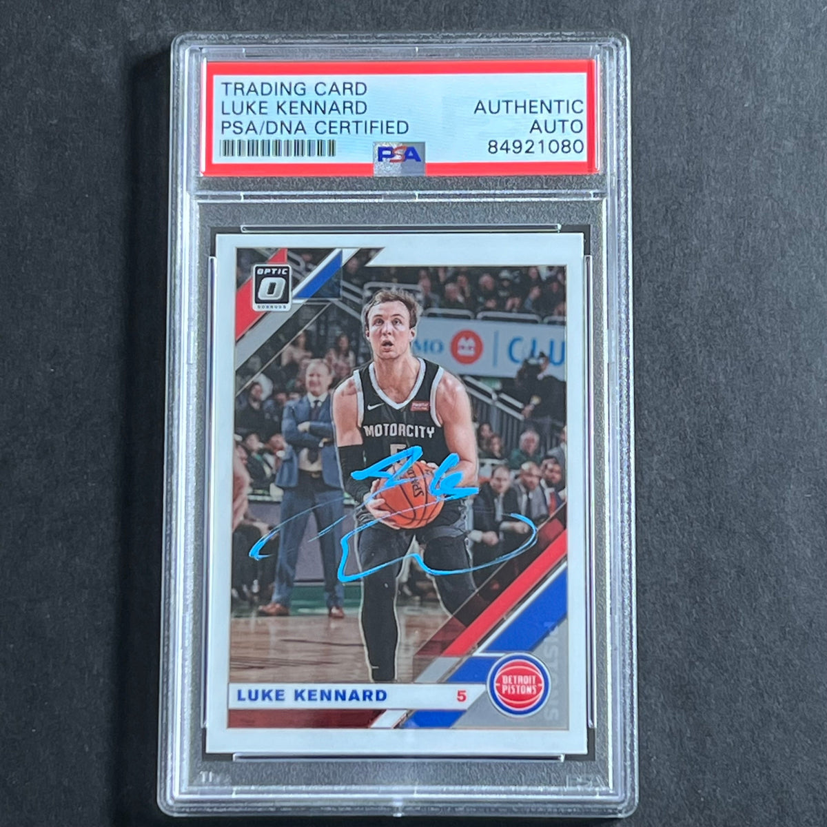 Front of Luke Kennard 2019-20 Optic #126 signed card in PSA/DNA holder