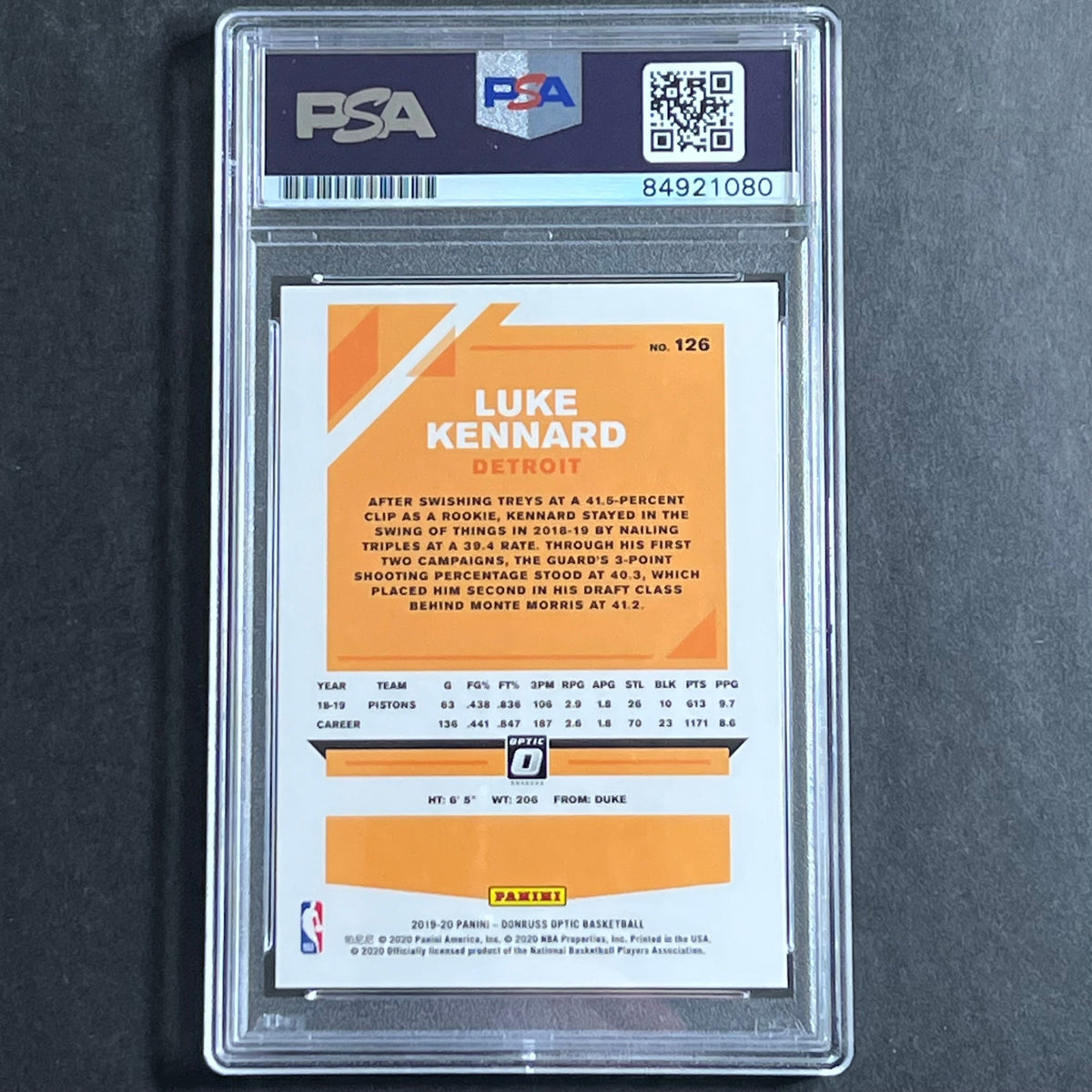 Back of Luke Kennard 2019-20 Optic #126 card in PSA/DNA holder