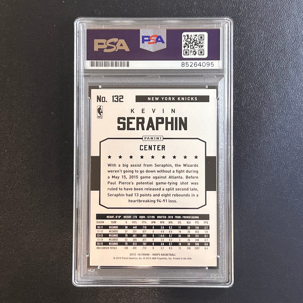 Back of Kevin Seraphin NBA Hoops #132 card in PSA/DNA holder