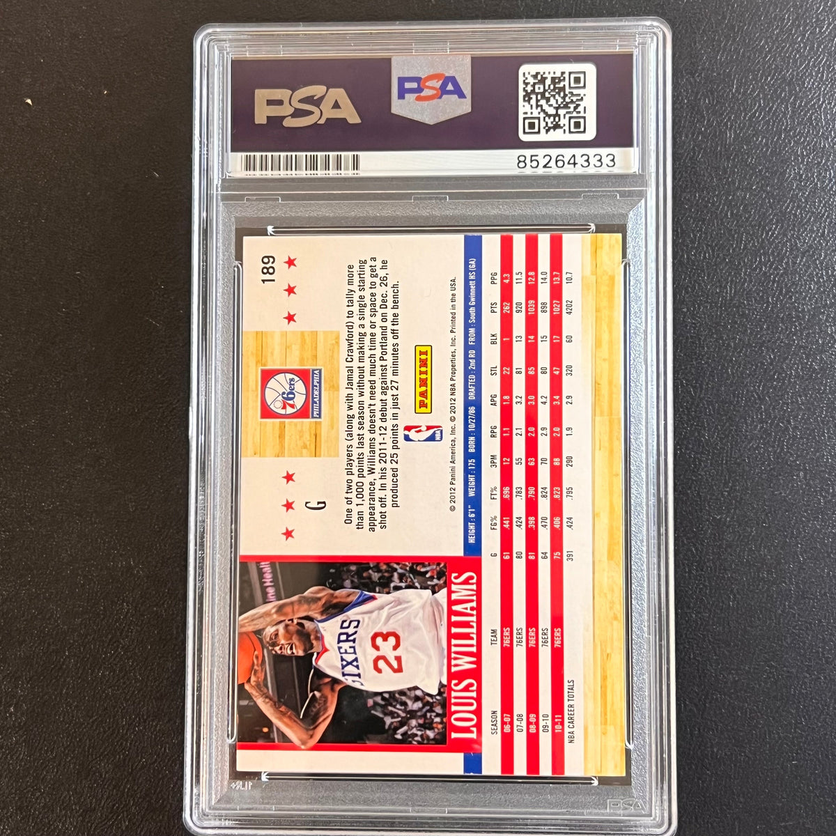 Back of Lou Williams NBA Hoops #189 card in PSA/DNA holder