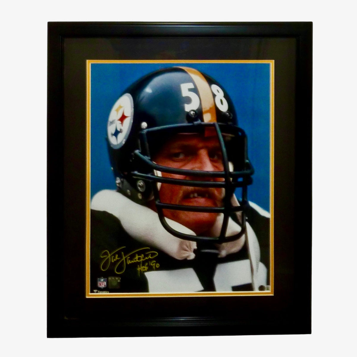 Jack Lambert Autographed Pittsburgh Steelers (Teeth Shot) Deluxe Framed 16x20 Photo w/ "HOF 90" - Lambert Holo