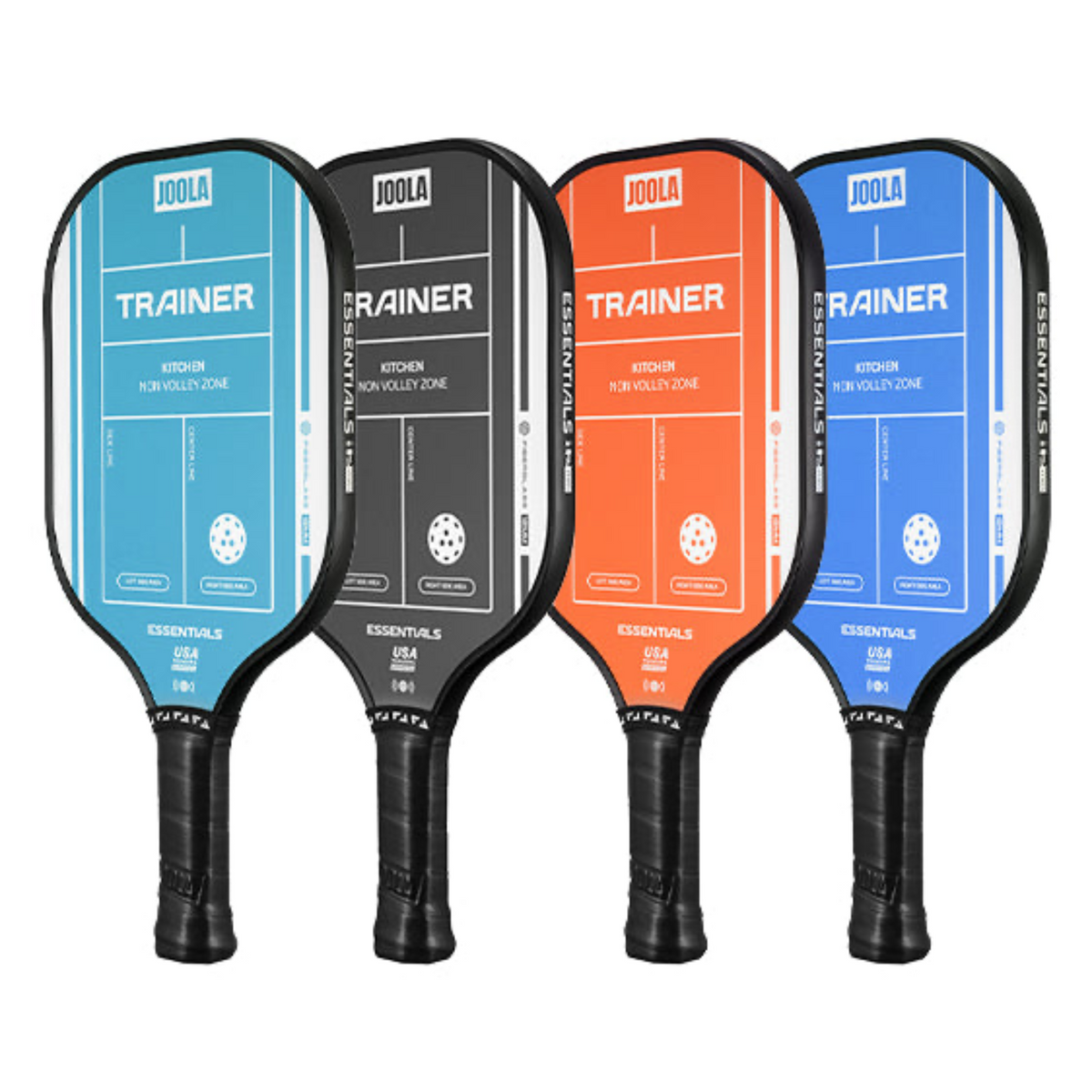 Four Joola Trainer pickleball paddles in different colors on a white background