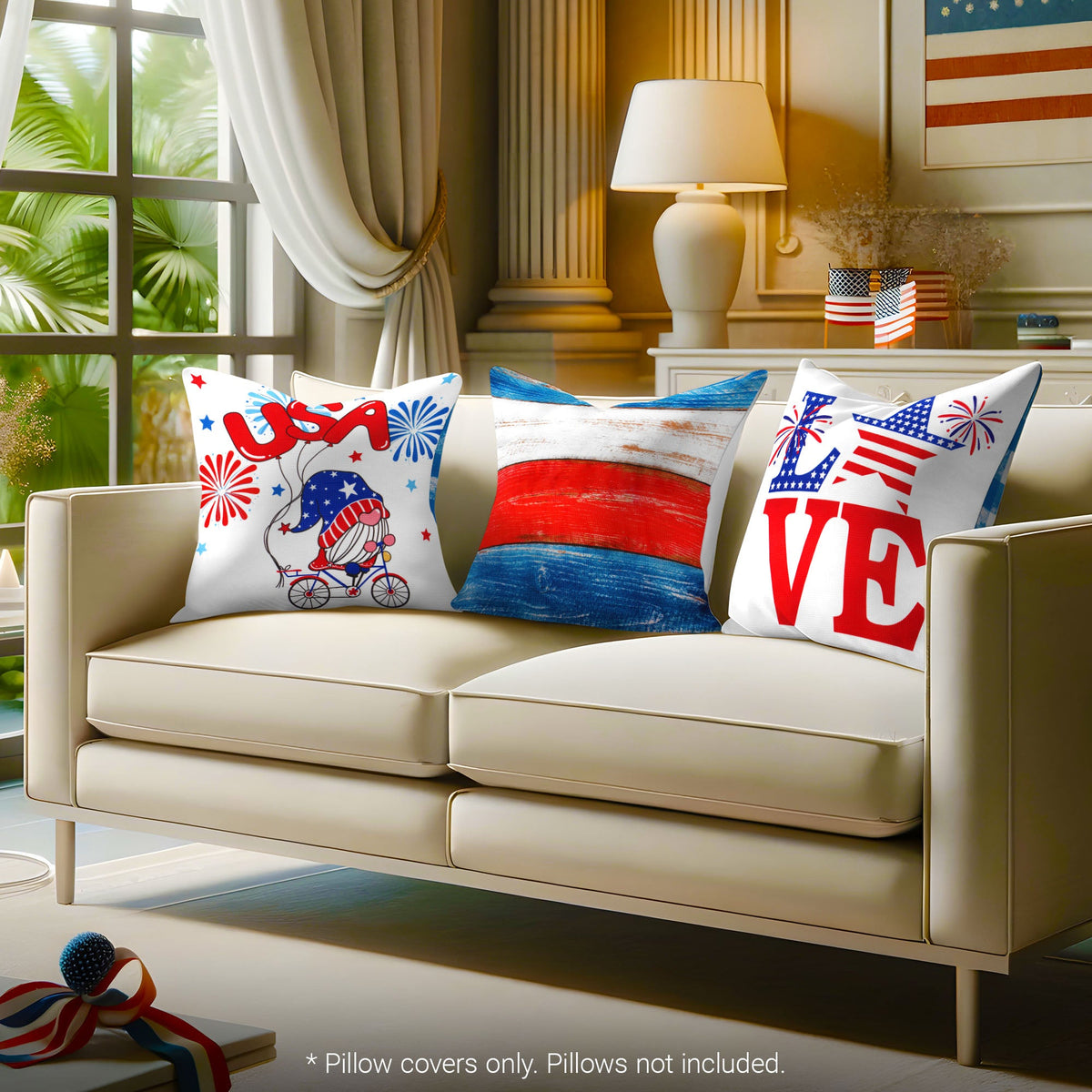 G128 Patriotic Decoration Gnome & Fireworks Waterproof Throw Pillow Covers, 18 x 18 In, Set of 4, Beautiful - View 4