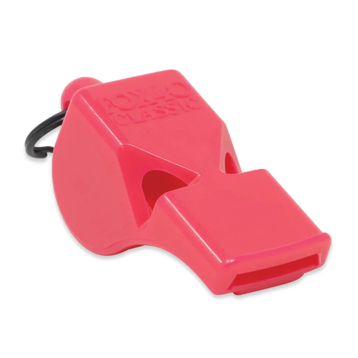 Safety whistle designed for emergency use, featuring a compact shape and key ring attachment for easy carrying.