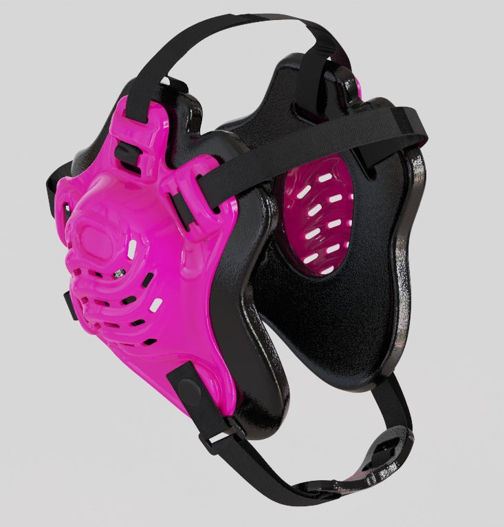 Pink and black dog muzzle on a gray background
