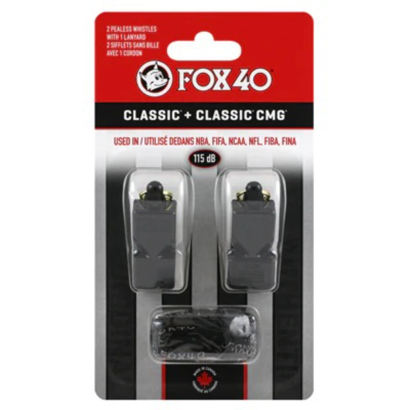 Two classic-style safety whistles with attached lanyard, designed for loud, reliable signaling during sports, training, or emergency use.