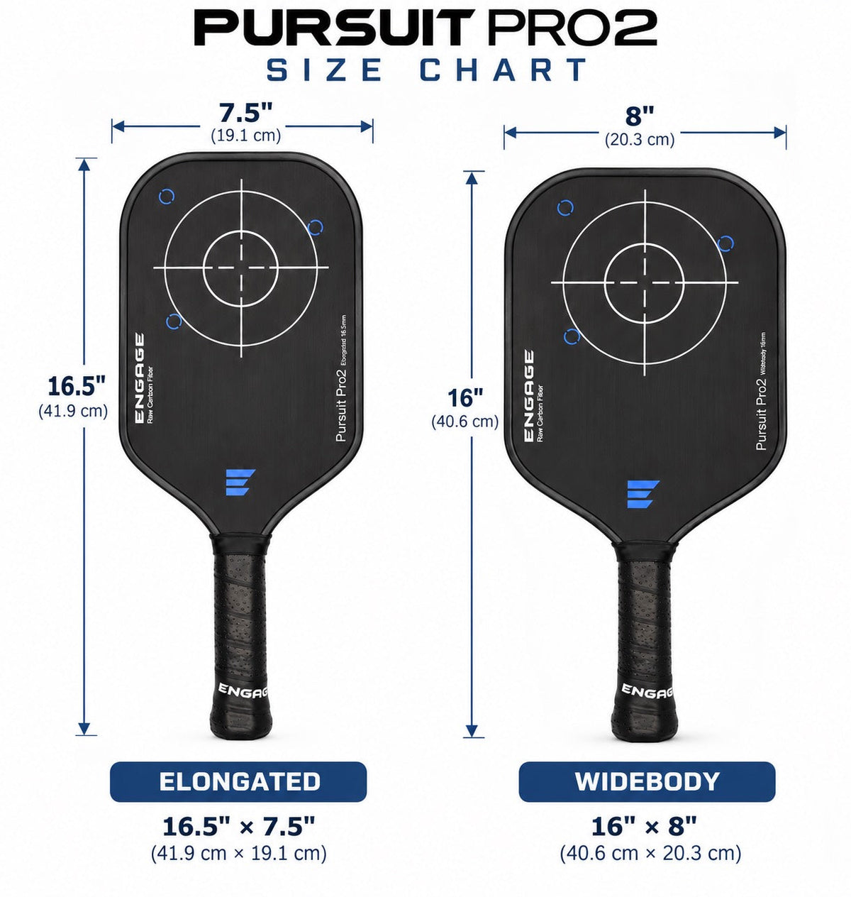 Engage Pursuit Pro2 Elongated 16mm Pickleball Paddle - size chart
