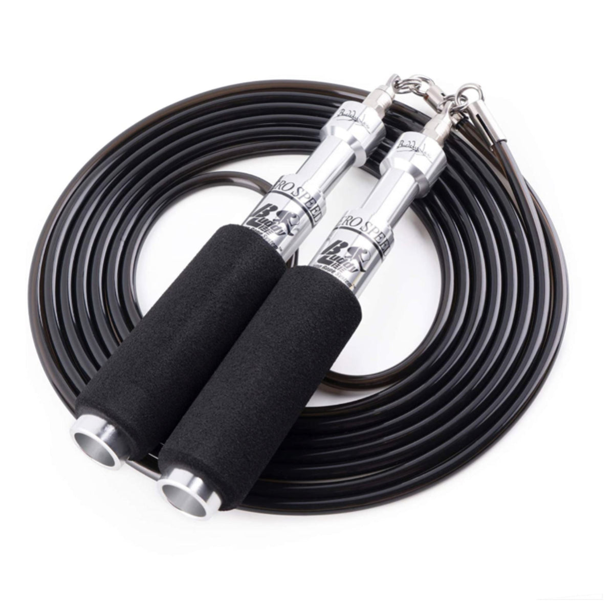 A Buddy Lee Professional Aero Speed Training Jump Rope with silver aluminum handles and a black PVC rope.