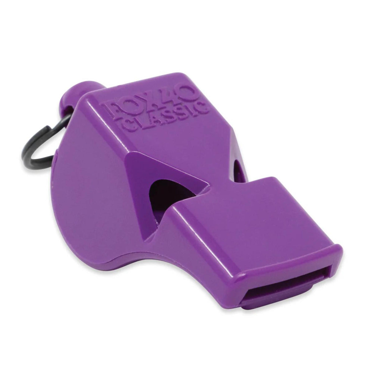Safety whistle designed for emergency use, featuring a compact shape and key ring attachment for easy carrying.