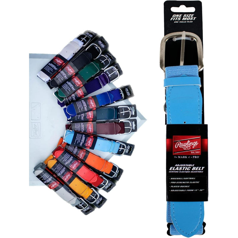 Rawlings adjustable elastic baseball and softball belt with metal buckle, available in multiple team colors for a secure and comfortable fit.