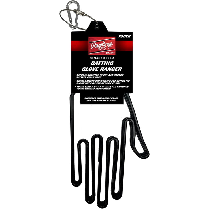 Rawlings batting glove hanger with clip, designed to hold and air-dry baseball or softball batting gloves while maintaining their shape.