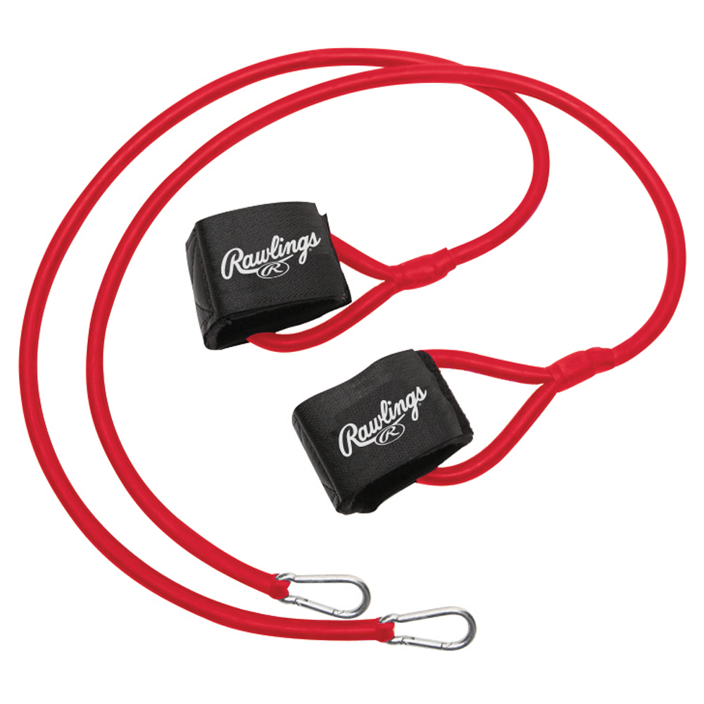 Rawlings red resistance band training strap with padded wrist cuffs and metal clips, designed to improve arm strength, conditioning, and throwing mechanics for baseball and softball players. ⚾