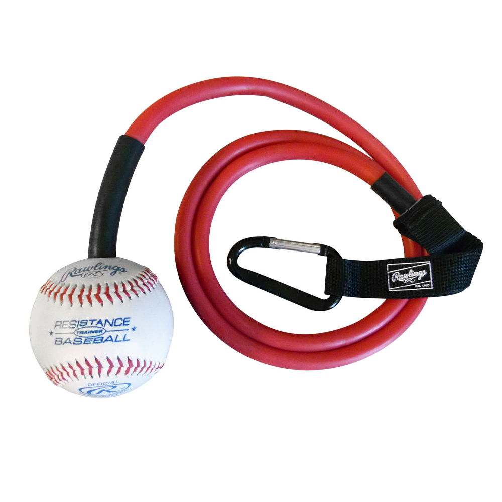 Rawlings resistance band baseball training aid featuring a baseball attached to a durable red resistance band with a clip strap, designed to improve throwing strength, arm conditioning, and pitching mechanics. ⚾