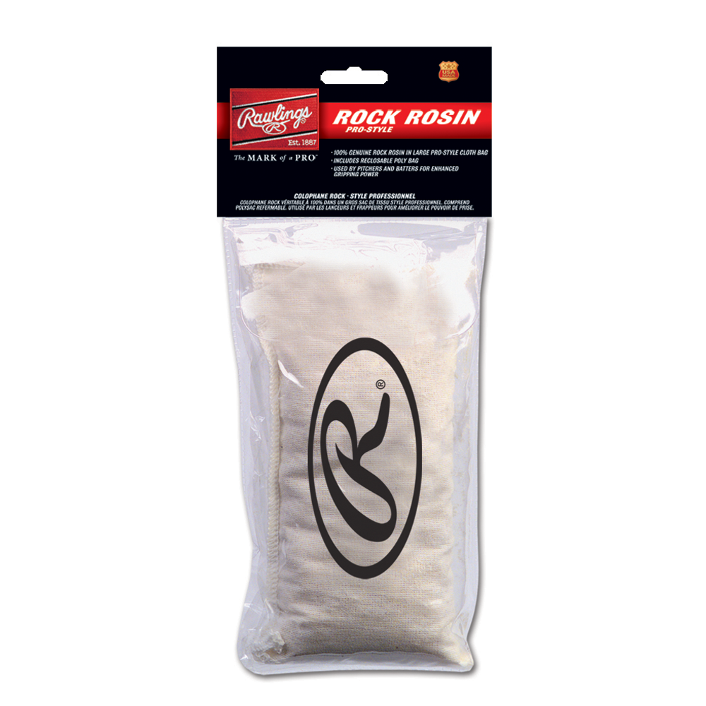 Rawlings large rock rosin bag in a cloth pouch, packaged for baseball use to improve grip by reducing moisture on pitchers’ and batters’ hands. ⚾