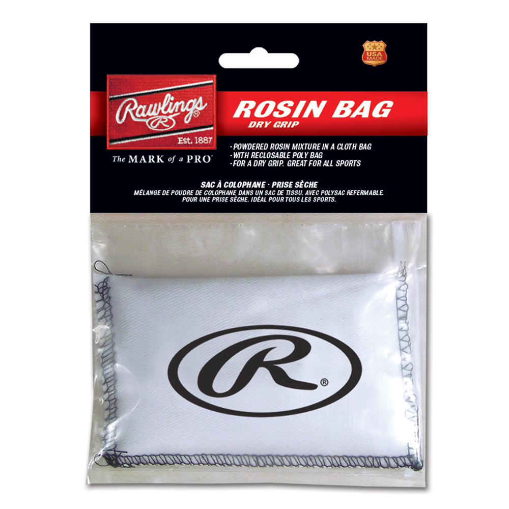 Rawlings small rosin bag with powdered rosin inside a white cloth pouch, designed to improve grip and keep hands dry for pitchers in baseball and softball. ⚾