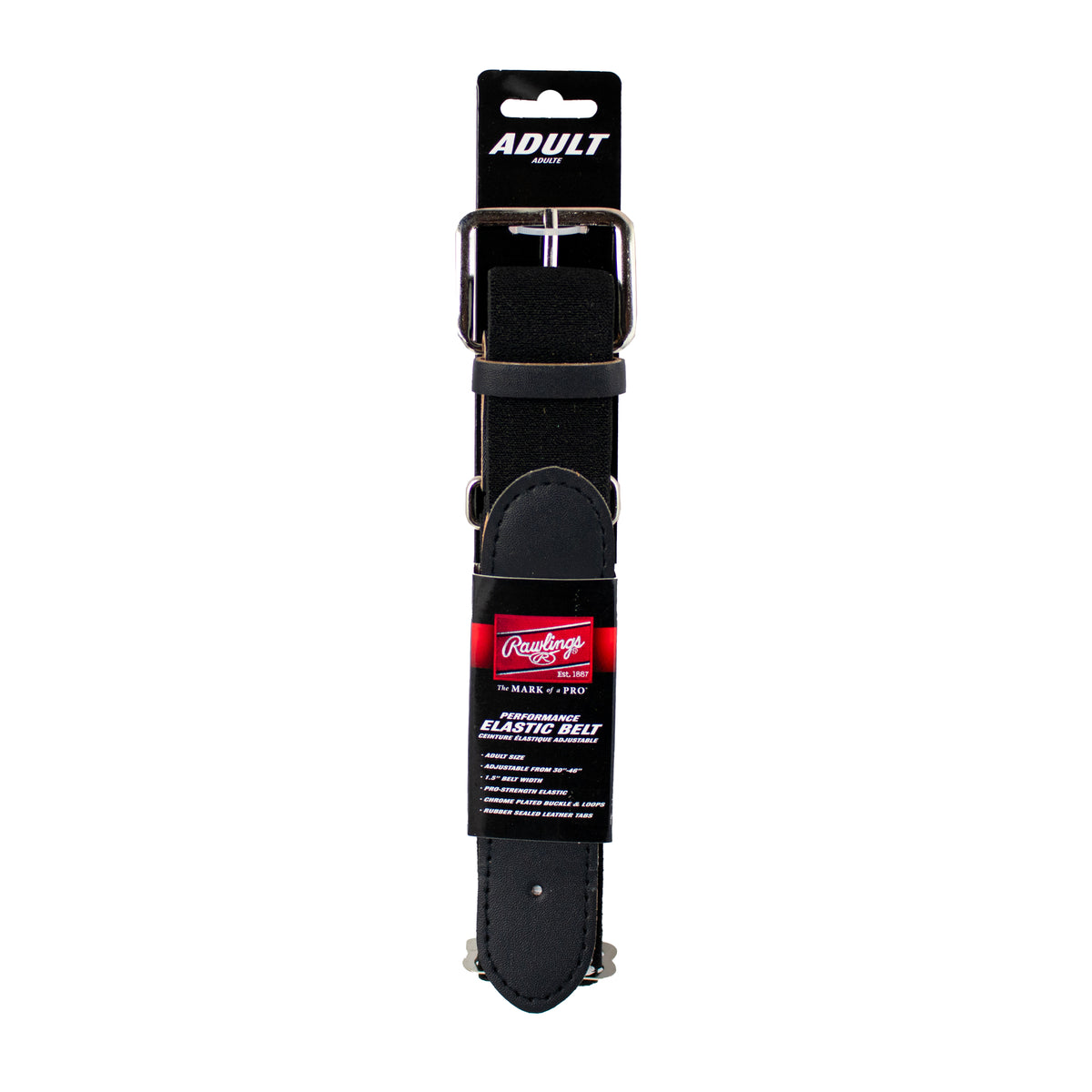 Rawlings Game Day adult baseball and softball elastic belt in black, featuring an adjustable fit (32–46 inches), chrome-plated buckle, and durable elastic strap for secure game-day performance. ⚾